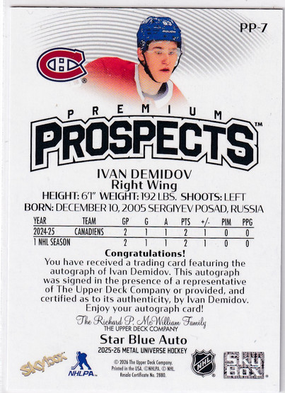  2025-26 Metal Universe Skybox Premium Prospects Autographs #PP7 Ivan Demidov SP