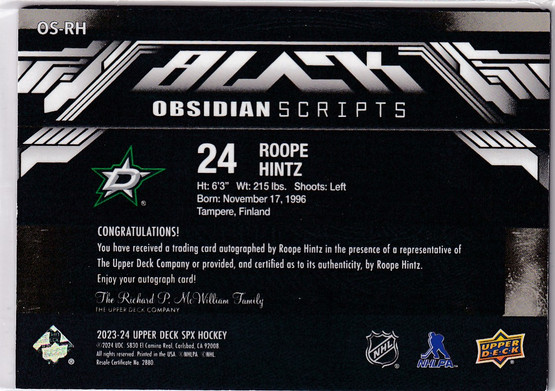  2023-24 UD Black Obsidian Scripts #OSRH Roope Hintz