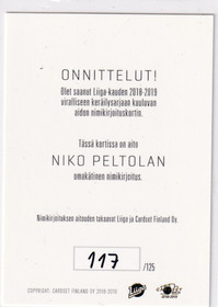 2018-19 Cardset Signature Niko Peltola /125 Ässät
