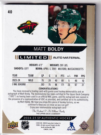 2024-25 SP Authentic Limited Patch Autographs #40 Matt Boldy /50