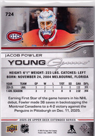 2025-26 Upper Deck Extended Series Young Guns Jacob Fowler #724