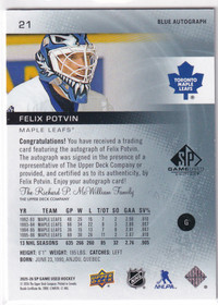  2025-26 SP Game Used Autographs Blue #21 Felix Potvin