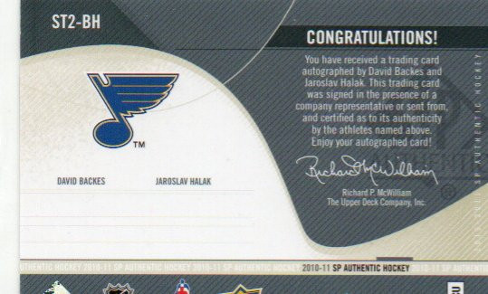 2010-11 SP Authentic Sign of the Times Duals #ST2BH Jaroslav Halak/David Backes