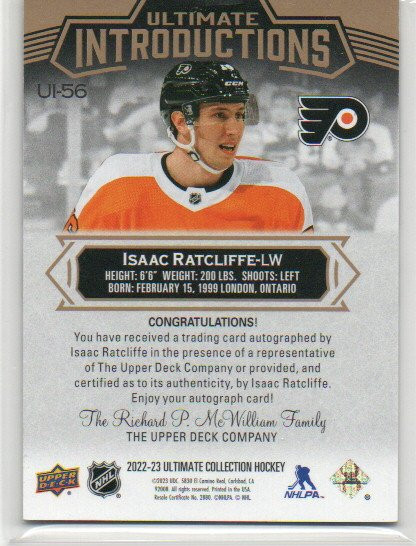  2022-23 Ultimate Collection Ultimate Introductions Autographs Purple #UI56 Isaac Ratcliffe 1/1