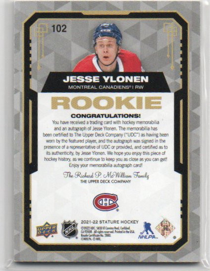  2021-22 Upper Deck Stature Design Photo Variant Material Autographs #102 Jesse Ylonen/8