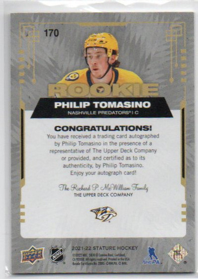  2021-22 Upper Deck Stature Photo Variant Autographs #170 Philip Tomasino /49