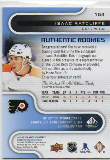  2022-23 SP Game Used Autographs Blue #154 Isaac Ratcliffe F