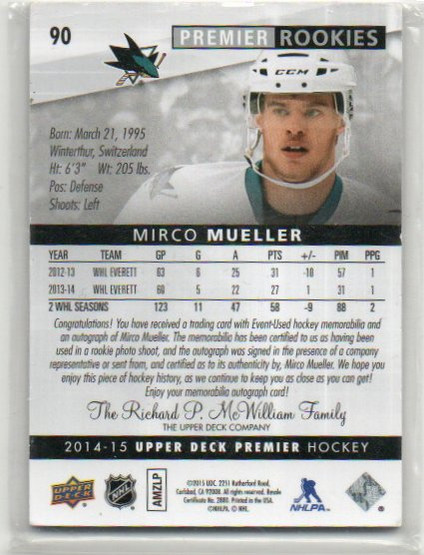  2014-15 Upper Deck Premier #90 Mirco Mueller JSY AU/299 RC