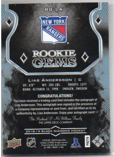  2018-19 Black Diamond Rookie Gems Pure Black Signatures #RGLA Lias Andersson/199