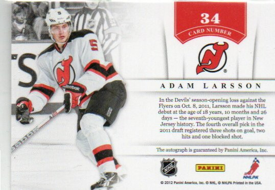  2011-12 Panini Contenders NHL Ink #34 Adam Larsson