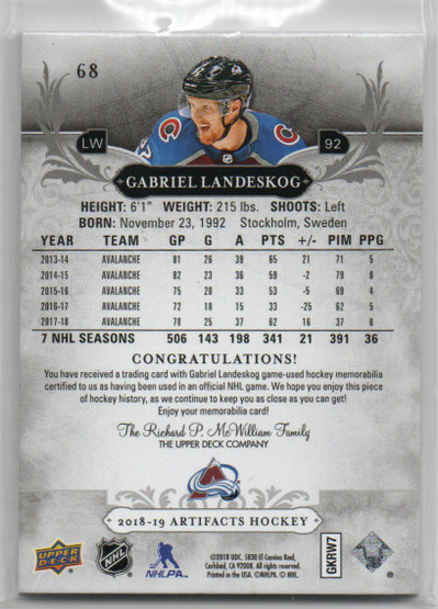  2018-19 Artifacts Materials Emerald #68 Gabriel Landeskog /65