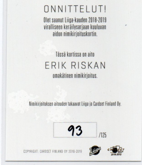 2018-19 Cardset Erik Riska Platinum Edition Signature /125