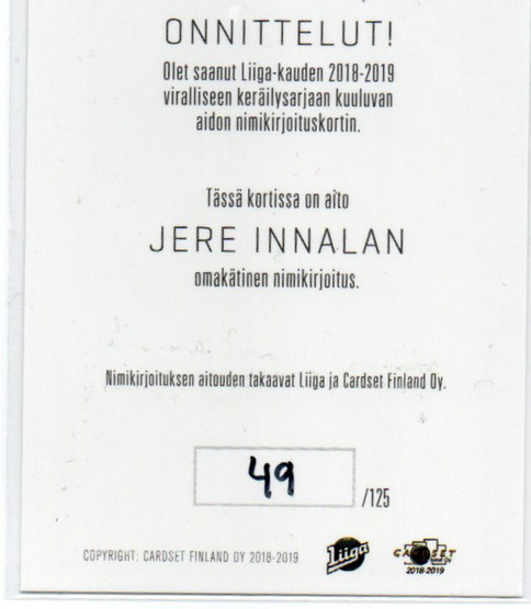 2018-19 Cardset Jere Innala Platinum Edition Signature /125