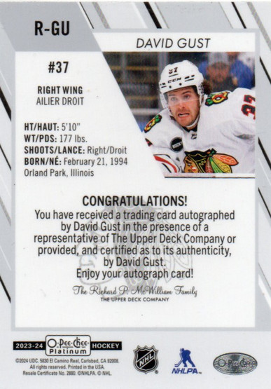  2023-24 O-Pee-Chee Platinum Rookie Autographs #RGU David Gust