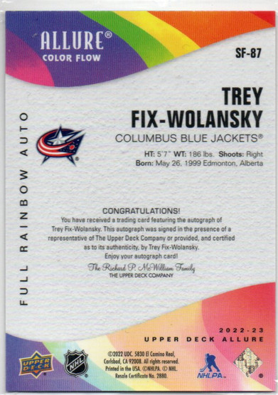  2022-23 Upper Deck Allure Color Flow Autographs Full Rainbow #SF87 Trey Fix-Wolansky F