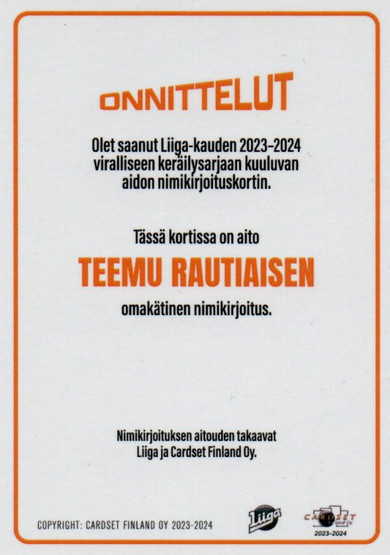 2023-24 Cardset Teemu Rautiainen Signature /100