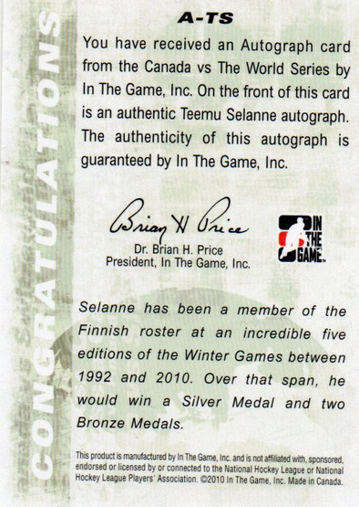  2011-12 ITG Canada vs The World Autographs #ATS Teemu Selanne VAULT