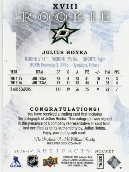  2016-17 Artifacts Rookie Autographs Redemptions #XVIII Julius Honka