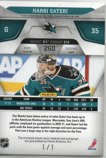  2011-12 Certified Mirror Black #260 Harri Sateri JSY AU 1/1