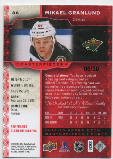  2014-15 UD Masterpieces Auto Framed Red Cloth #86 Mikael Granlund/30