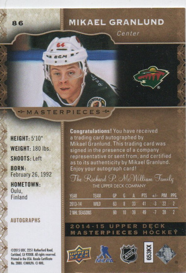  2014-15 UD Masterpieces Autographs #86 Mikael Granlund F