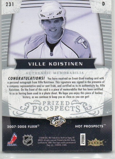 2007-08 Hot Prospects #231 Ville Koistinen JSY AU RC /399 2
