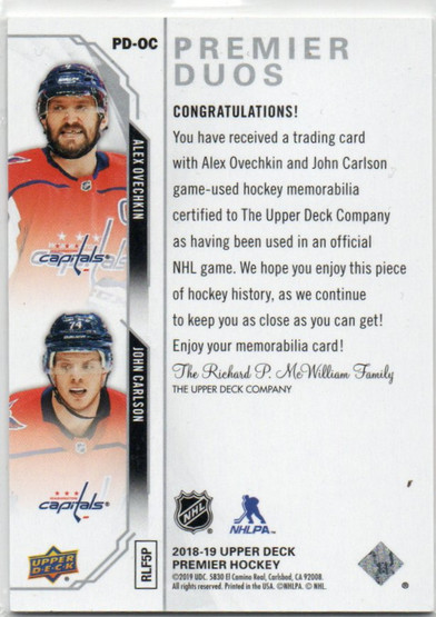 2018-19 Upper Deck Premier Duals Jerseys #PDOC Ovechkin / Carlson /99