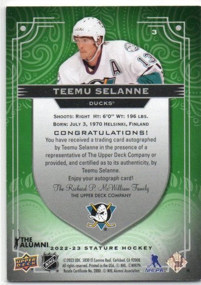  2022-23 Upper Deck Stature Autographs Green #3 Teemu Selanne/10