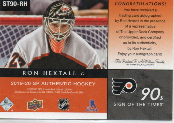  2019-20 SP Authentic Sign of the Times 1990s #ST90RH Ron Hextall B