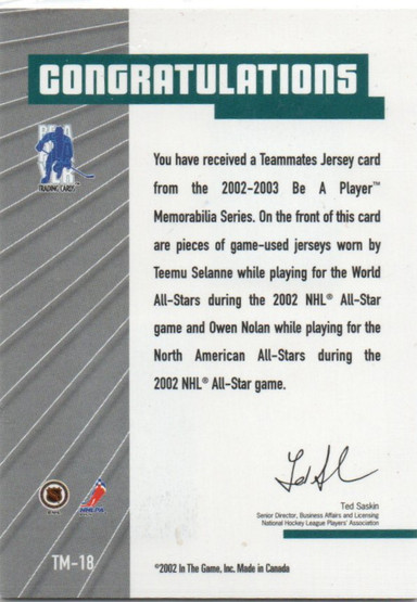  2002-03 BAP Memorabilia Teammates #TM18 Teemu Selanne/Owen Nolan /70