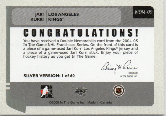  2004-05 ITG Franchises Double Memorabilia #WDM9 Jari Kurri /60