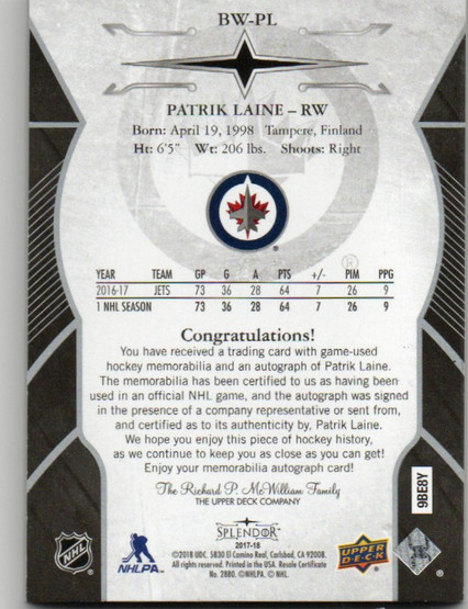 2017-18 Upper Deck Splendor #BWPL Patrik Laine PATCH AU /27