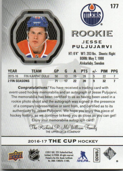 2016-17 The Cup #177 Jesse Puljujarvi JSY AU/99 RC