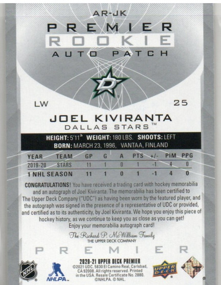  2020-21 Upper Deck Premier RC Patch Autographs #ARJK Joel Kiviranta