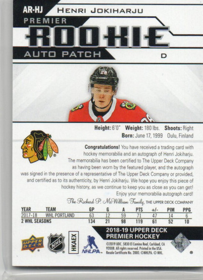  2018-19 Upper Deck Premier RC Auto Patch#ARHJ Henri Jokiharju/249