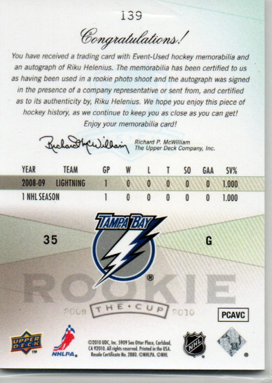  2009-10 The Cup #139 Riku Helenius JSY AU RC /249
