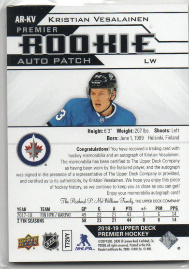  2018-19 Upper Deck Premi RC Auto Patch #ARKV Kristian Vesalainen/249