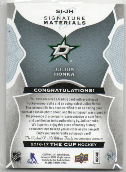  2016-17 The Cup Signature Materials #SIJH Julius Honka/99