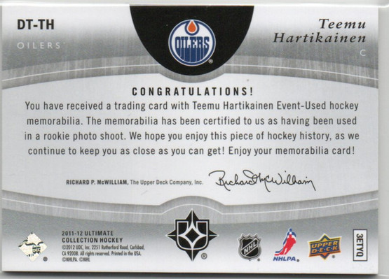  2011-12 Ultimate Collection Debut Patch #DTTH Teemu Hartikainen /100