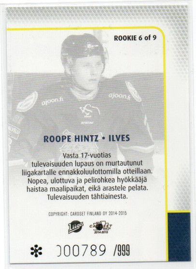2014-15 Cardset Roope Hintz RC /999