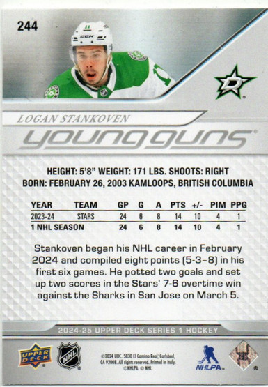  2024-25 Upper Deck #244 Logan Stankoven YG RC