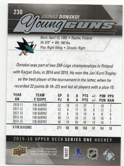  2015-16 Upper Deck Silver Foil #230 Joonas Donskoi YG