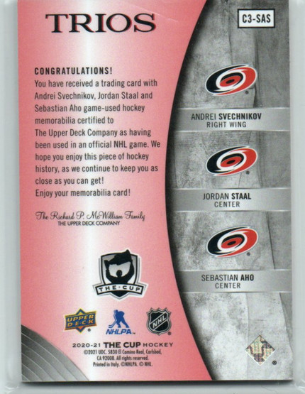  2020-21 The Cup Trios Jerseys Red Tag #C3SAS Svechnikov/Staal/Aho /2