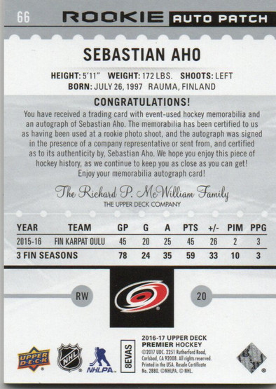  2016-17 Upper Deck Premier #66 Sebastian Aho JSY AU/299 RC