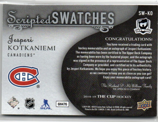  2018-19 The Cup Scripted Swatches #SWKO Jesperi Kotkaniemi /35