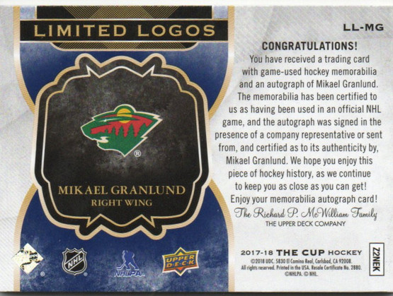 2017-18 The Cup Limited Logos Autographs #LLMG Mikael Granlund/50