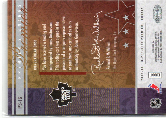  2009-10 OPC Premier Signings Gold #PSJG Jonas Gustavsson /15