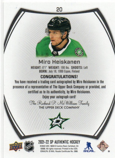  2021-22 SP Authentic BLACK Autographs #20 Miro Heiskanen 