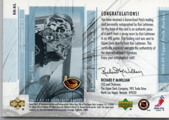  2004-05 SP Authentic Rookie Review Auto Patch#RRKL Kari Lehtonen /100