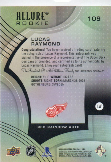 2021-22 Upper Deck Allure Autographs Red Rainbow #109 Lucas Raymond C